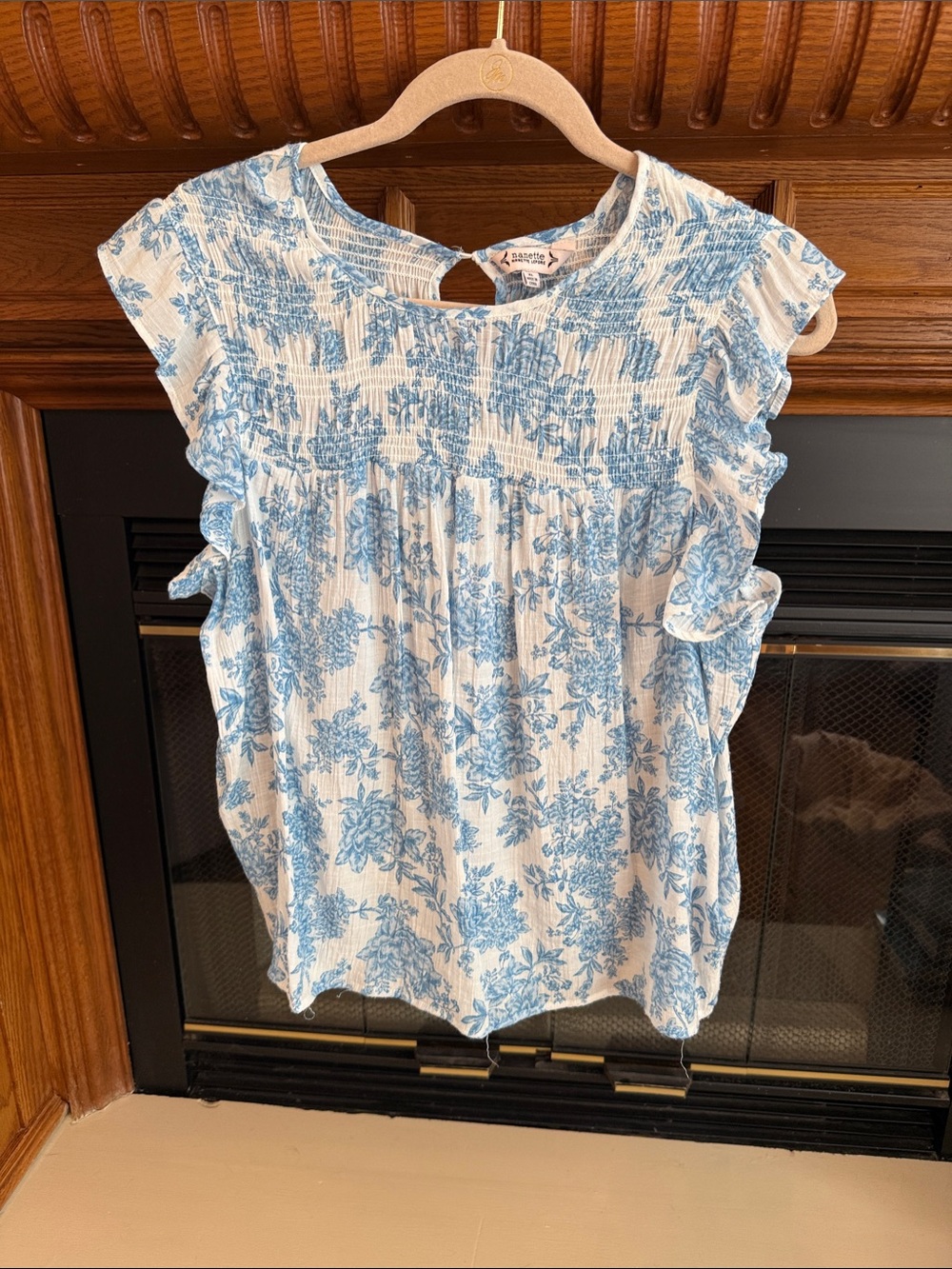 Nanette Lepore Blue and White Floral Smocked Ruffle Cap-Sleeve Blouse